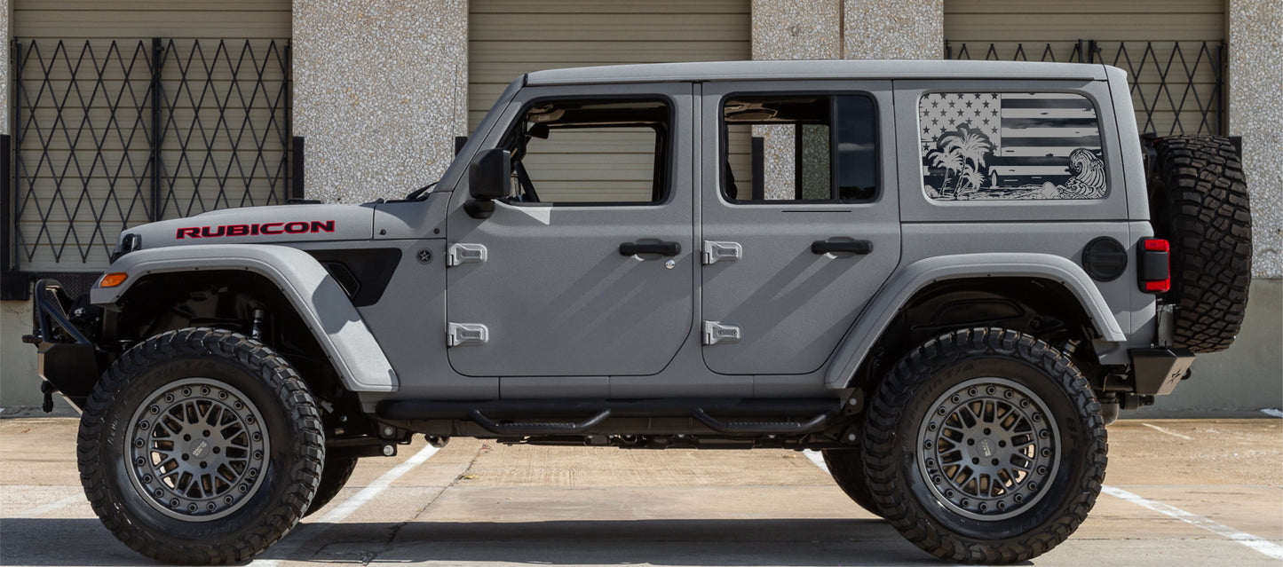 Distressed American Beach Silhouette Flag Decals for Jeep Wrangler JL, JK (4-Door/2-Door) Rear Side Windows