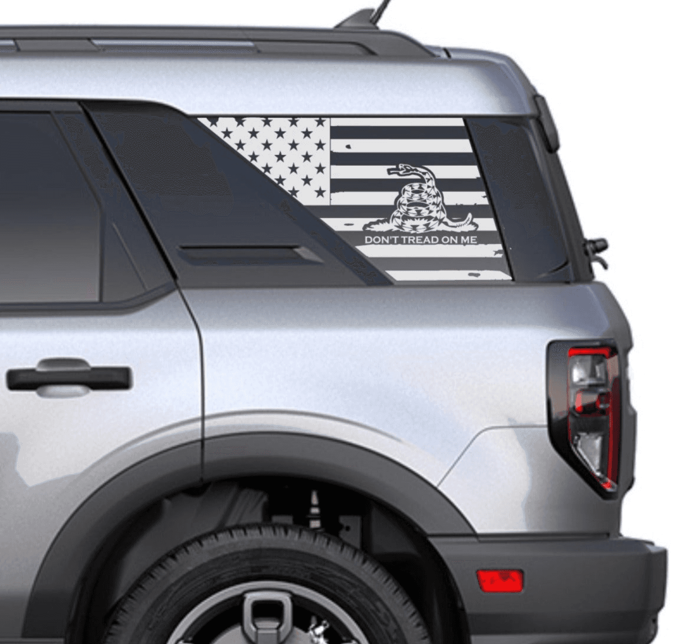 Set of Distressed American Flag "Don't Tread On Me" Decals Stickers for 2021+ Ford Bronco Sport's Side Rear Quarter Windows