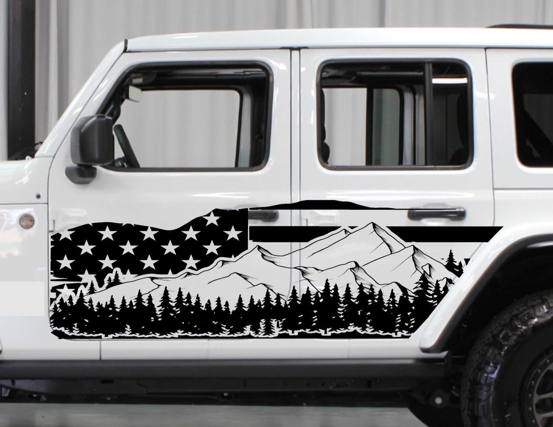 Distressed American Flag Mountain Silhouette Decals for Jeep Wrangler JL, JK (4-Door) Doors