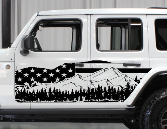 Distressed American Flag Mountain Silhouette Decals for Jeep Wrangler JL, JK (4-Door) Doors
