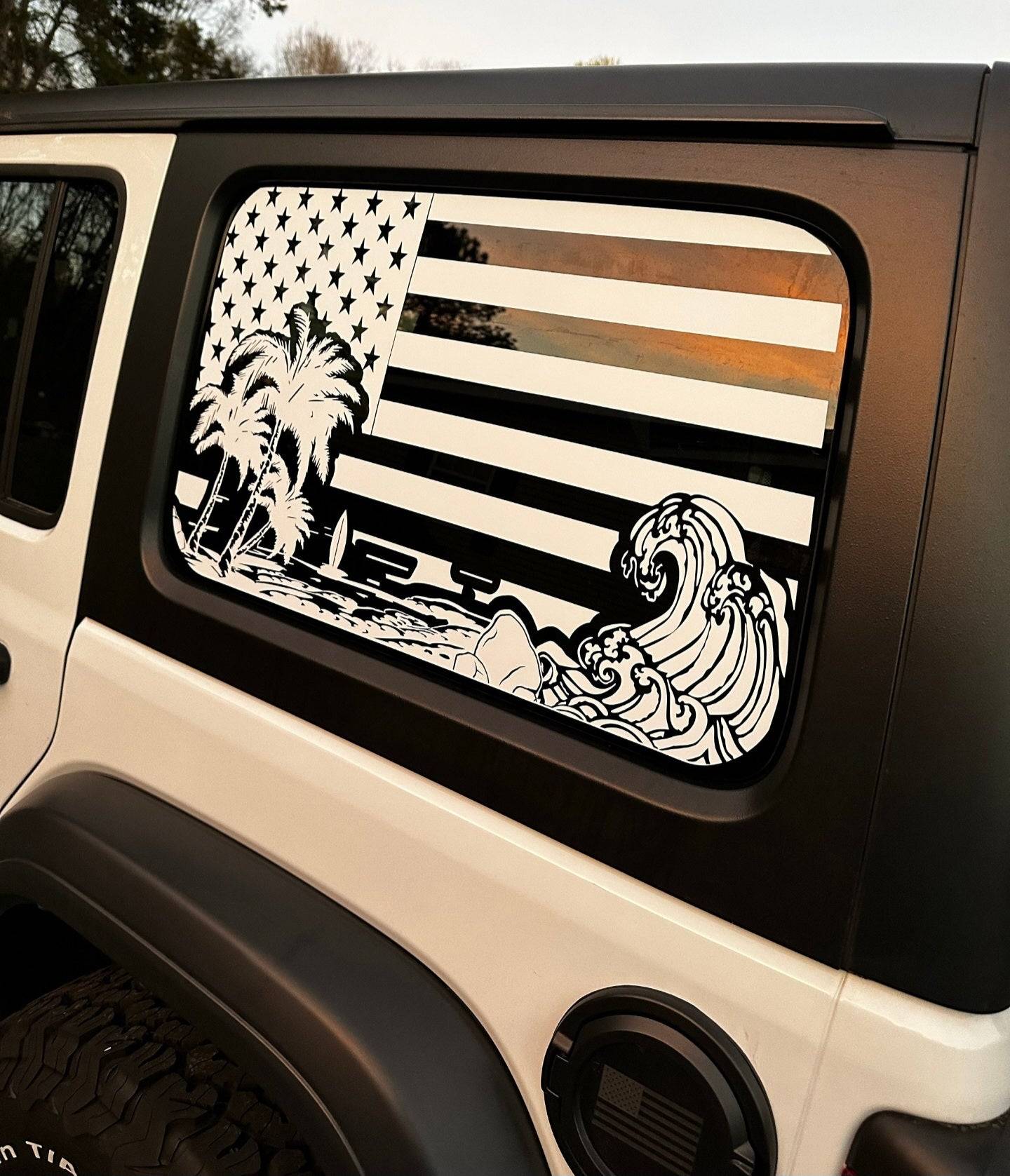 American Flag Beach Silhouette Decals for Jeep Wrangler JL, JK (4-Door/2-Door) Rear Side Windows
