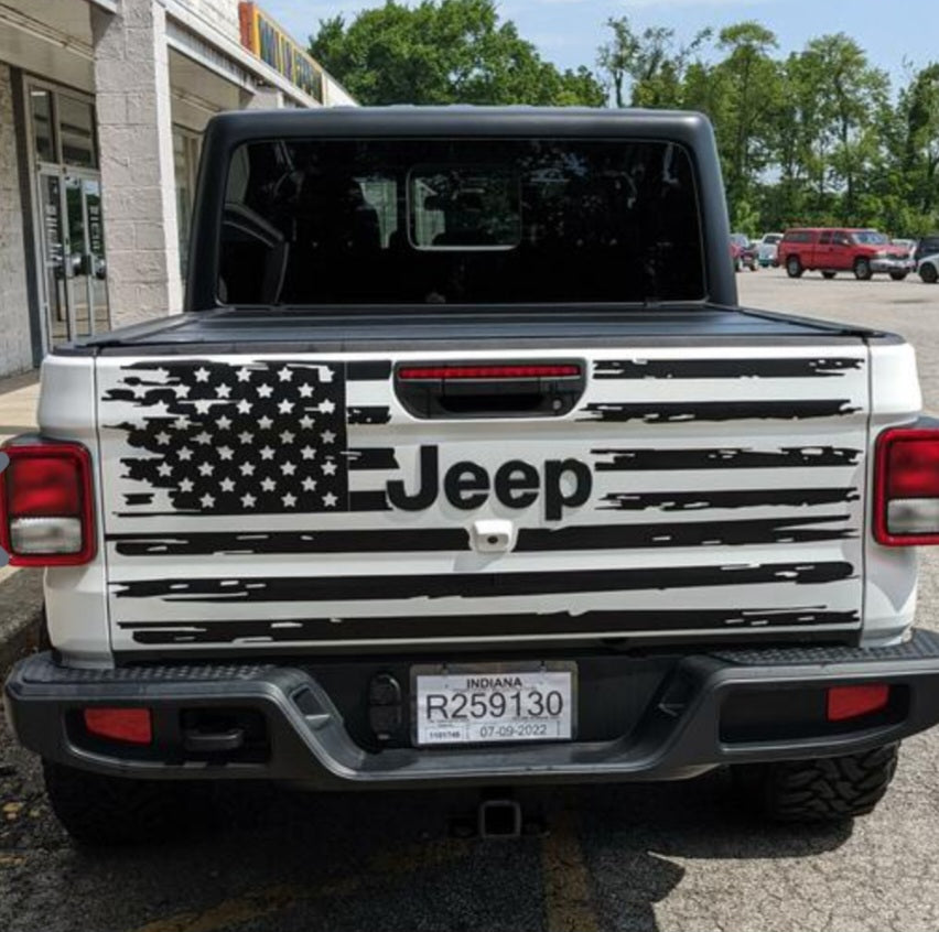 Distressed American flag Jeep Gladiator decal: Custom-fit distressed American flag decal for Jeep Gladiator