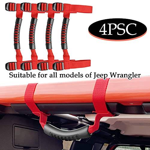4 x Roll Bar Grab Handles Grip Handle Red Holder Compatible with Jeep Wrangler Accessory 1987-2021 YJ TJ LJ JK JL Sports Sahara Freedom Rubicon X & Unlimited