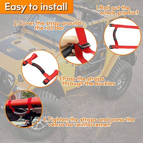 4 x Roll Bar Grab Handles Grip Handle Red Holder Compatible with Jeep Wrangler Accessory 1987-2021 YJ TJ LJ JK JL Sports Sahara Freedom Rubicon X & Unlimited