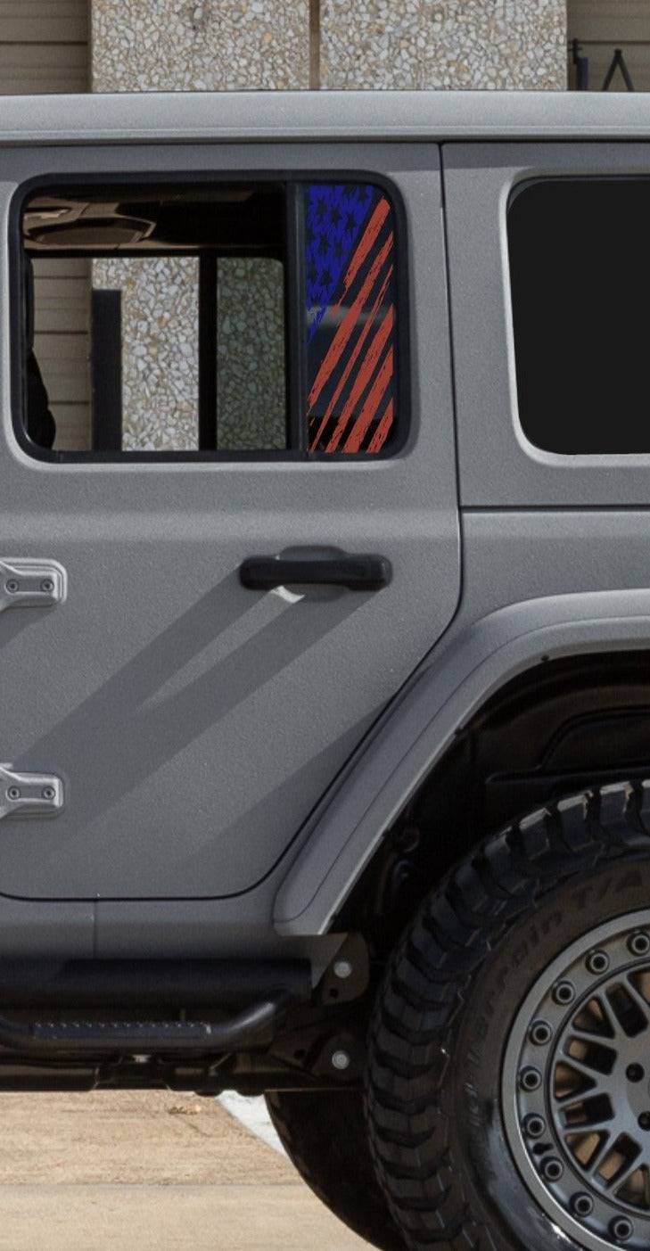 SET OF AMERICAN FLAG VINYL DECALS FOR JEEP WRANGLER JL 4-DOOR REAR DOOR SMALL SIDE WINDOWS