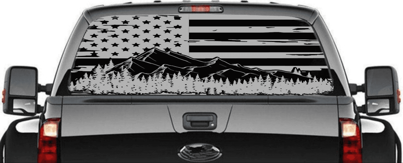 Distressed American Flag Decal Mountain Silhouette Stickers Patriotic Vinyl Decal for Any Trucks, SUV's Rear Window