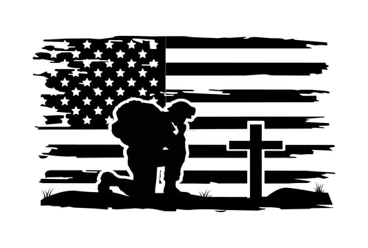 Kneeling Soldier Cross American Flag Decals Stickers.
