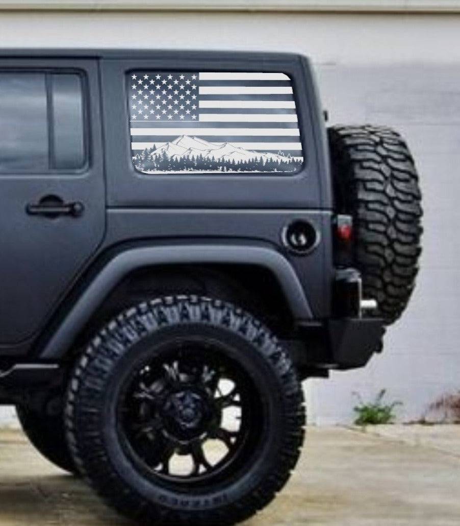 Jeep Wrangler JK Decals Stickers Set of American Flag Mountain Silhouette Vinyl Decal For 4-Door 2006-2017JK Rear Side Windows