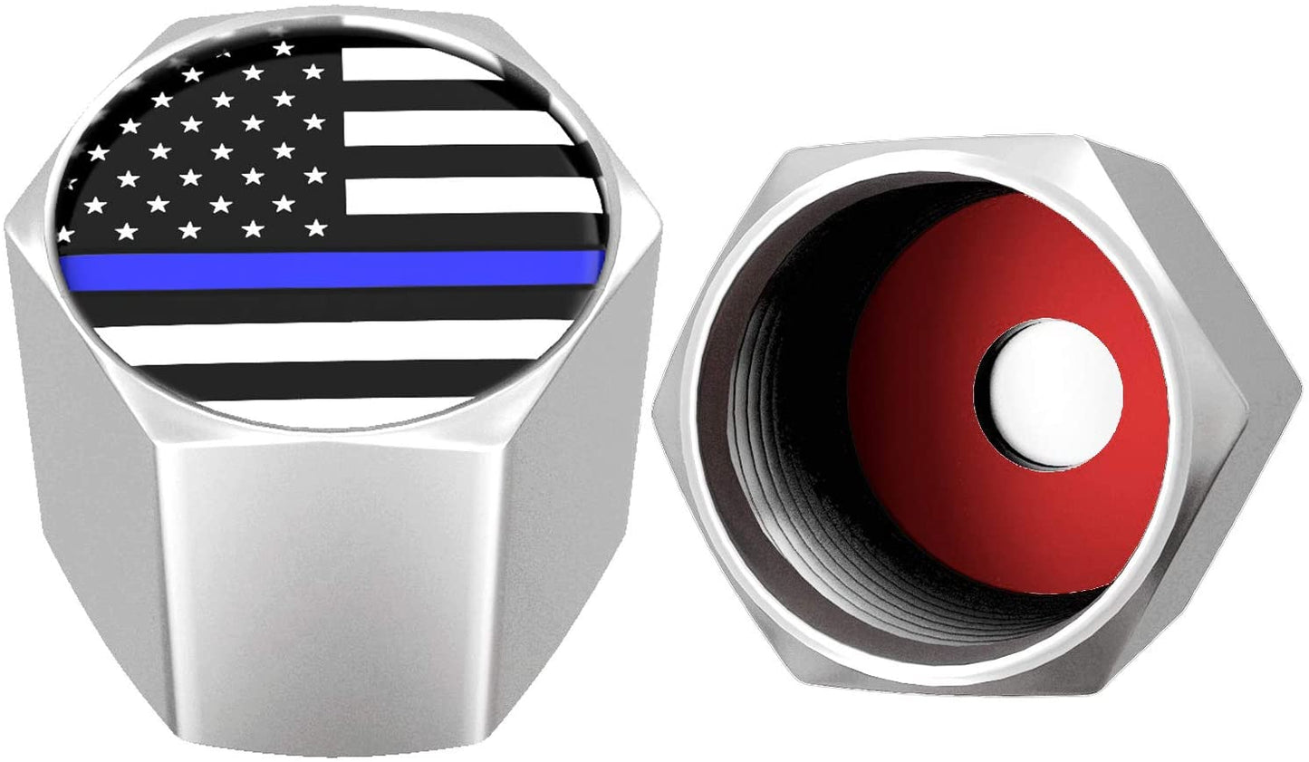 4pc. American Flag American Flag "Blue Lives Matter" Chrome Tire Valve Stem Caps Universal For Cars, SUVs, Bike, Bicycle, Trucks, Motorcycles