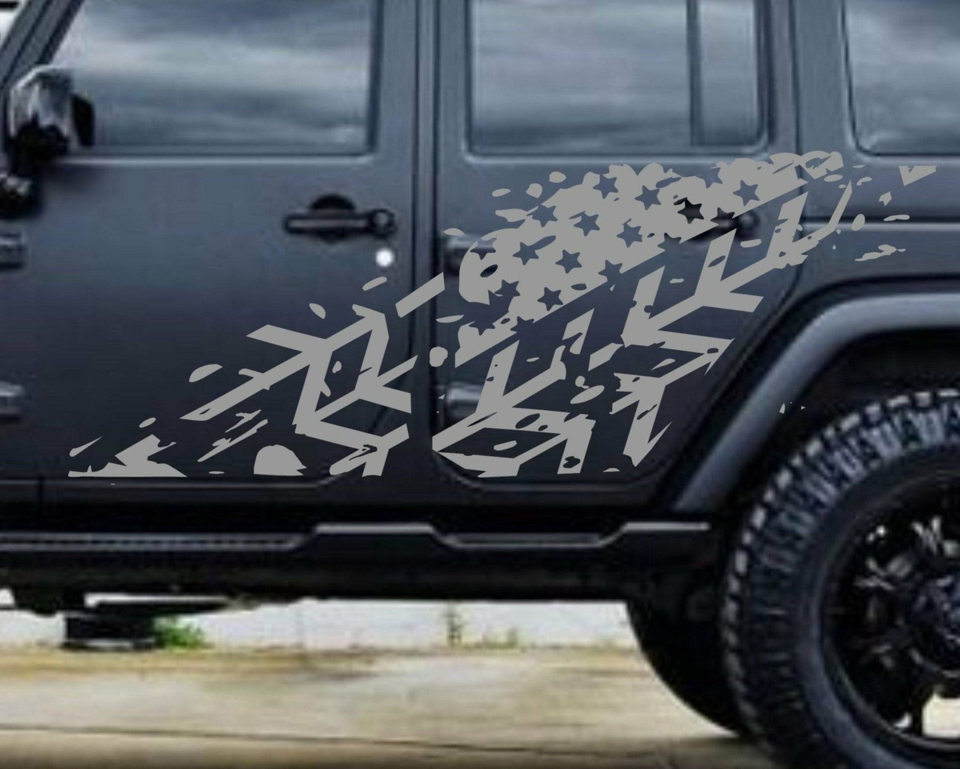 SET OF AMERICAN FLAG INSPIRED/TIRE TRACKS VINYL DECAL FOR JEEP WRANGLER 4-DOOR JK 2007-2017