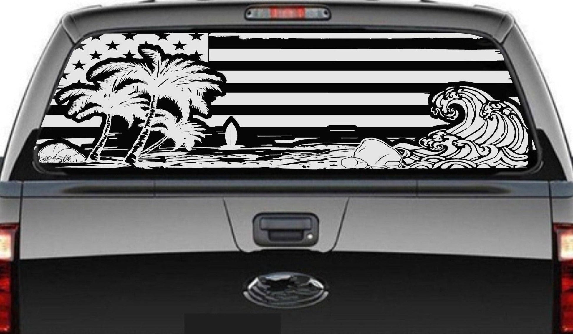 Beach Silhouette American Flag Decal for Any Trucks, SUV's Rear Window. Sizes Available.
