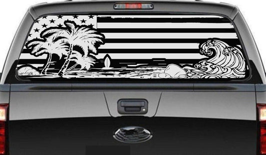 Beach Silhouette American Flag Decal for Any Trucks, SUV's Rear Window. Sizes Available.