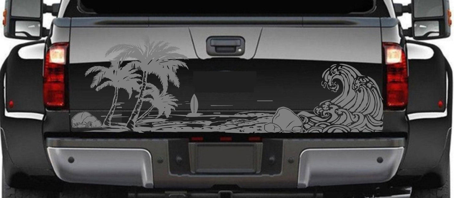 Universal Trucks, SUV's, Vans' Decal Beach Silhouette Palm Trees Surf Tailgate Sticker