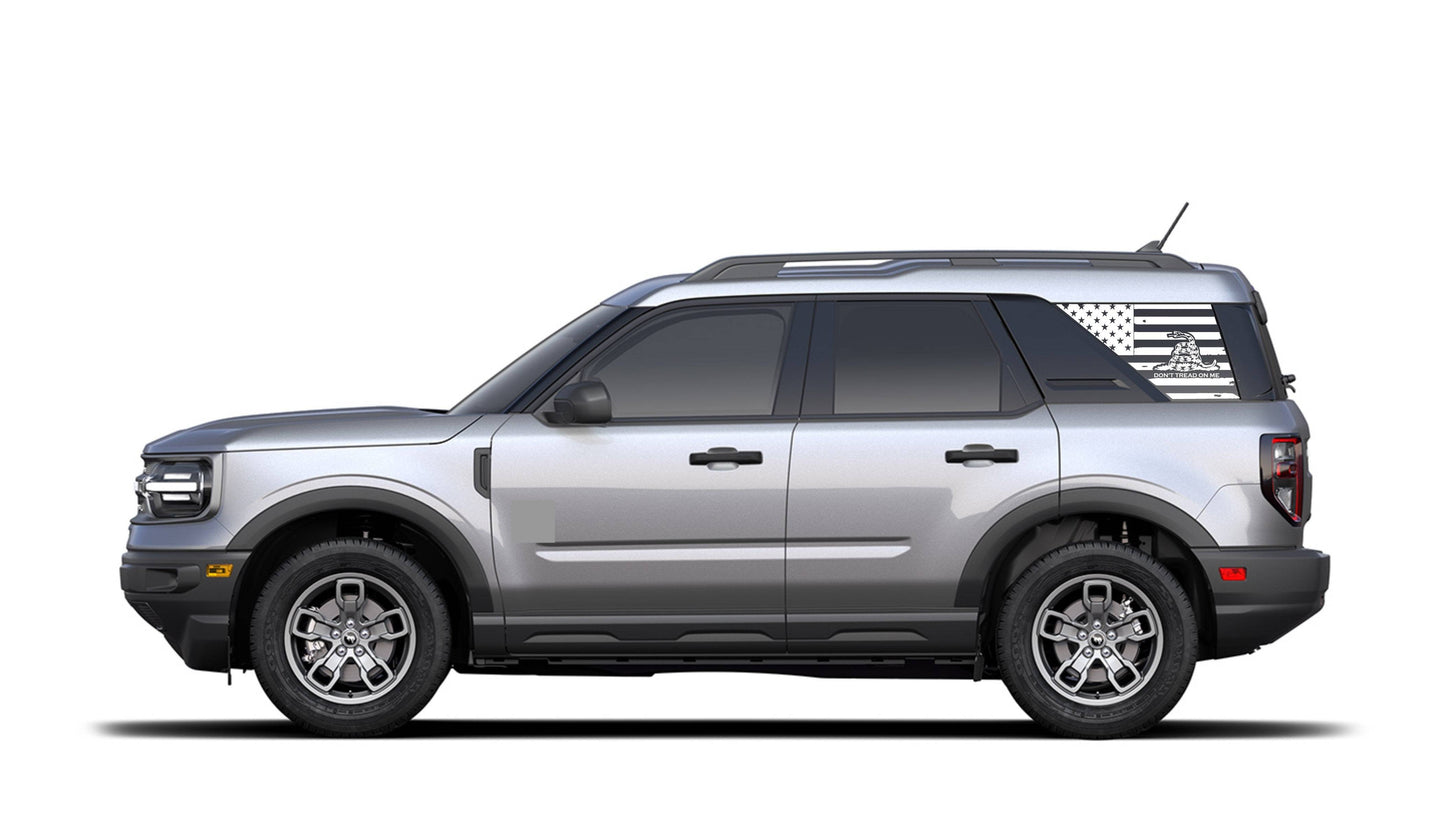 Set of Distressed American Flag "Don't Tread On Me" Decals Stickers for 2021+ Ford Bronco Sport's Side Rear Quarter Windows