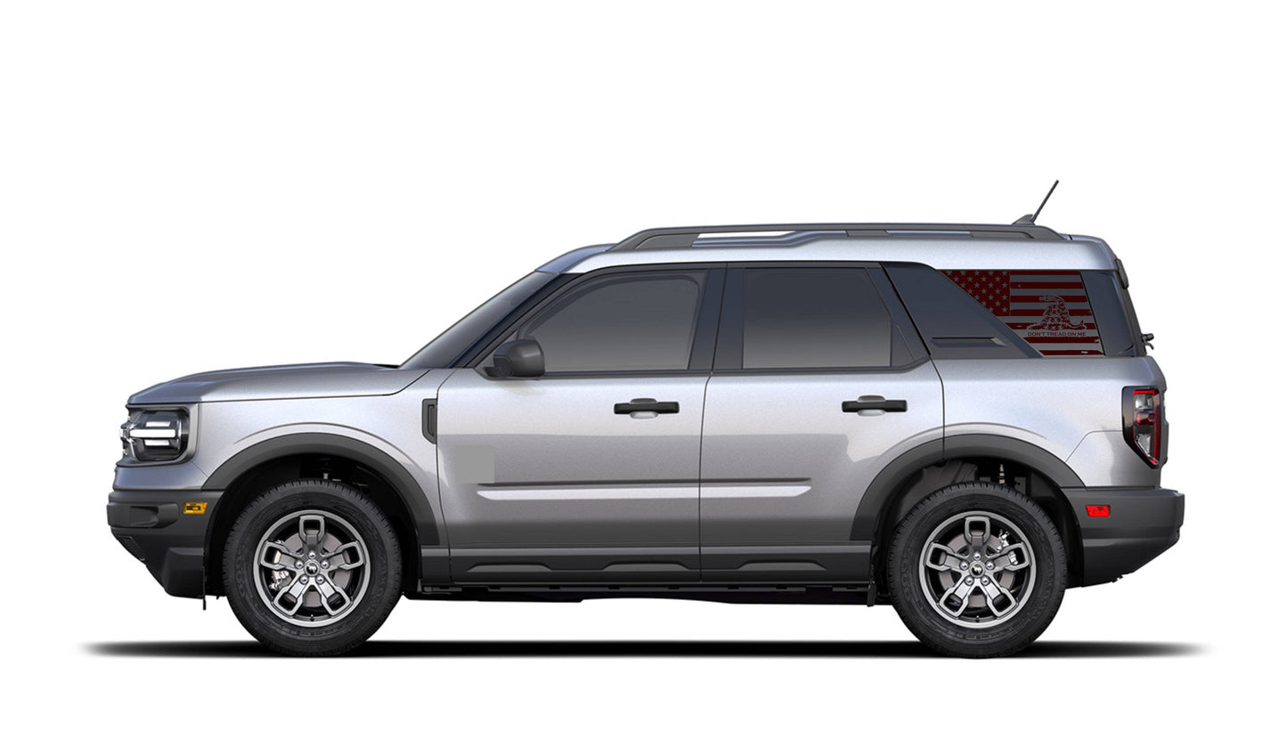 Set of Distressed American Flag "Don't Tread On Me" Decals Stickers for 2021+ Ford Bronco Sport's Side Rear Quarter Windows