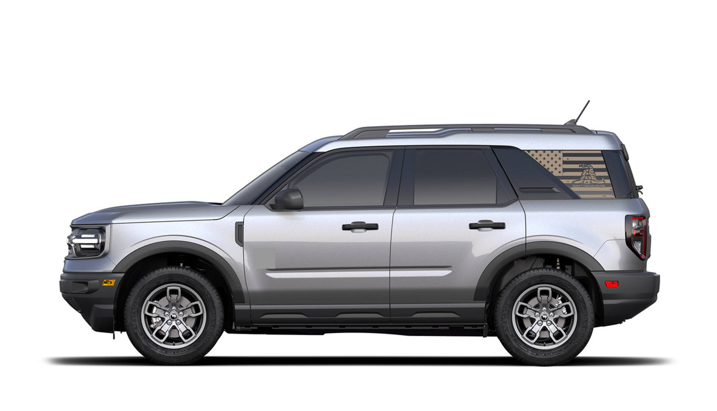 Set of Distressed American Flag "Don't Tread On Me" Decals Stickers for 2021+ Ford Bronco Sport's Side Rear Quarter Windows