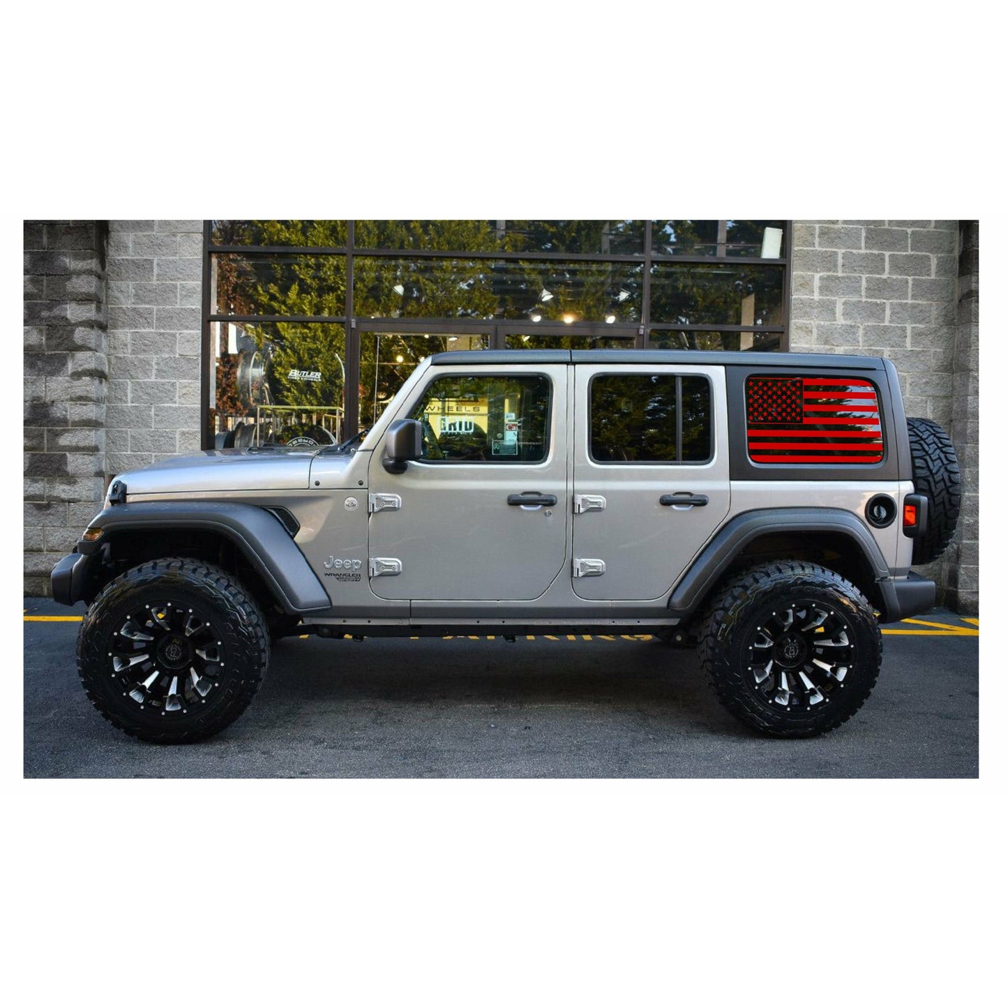 SET OF AMERICAN FLAG VINYL DECALS FOR JEEP WRANGLER JL 4-DOOR REAR SIDE WINDOWS