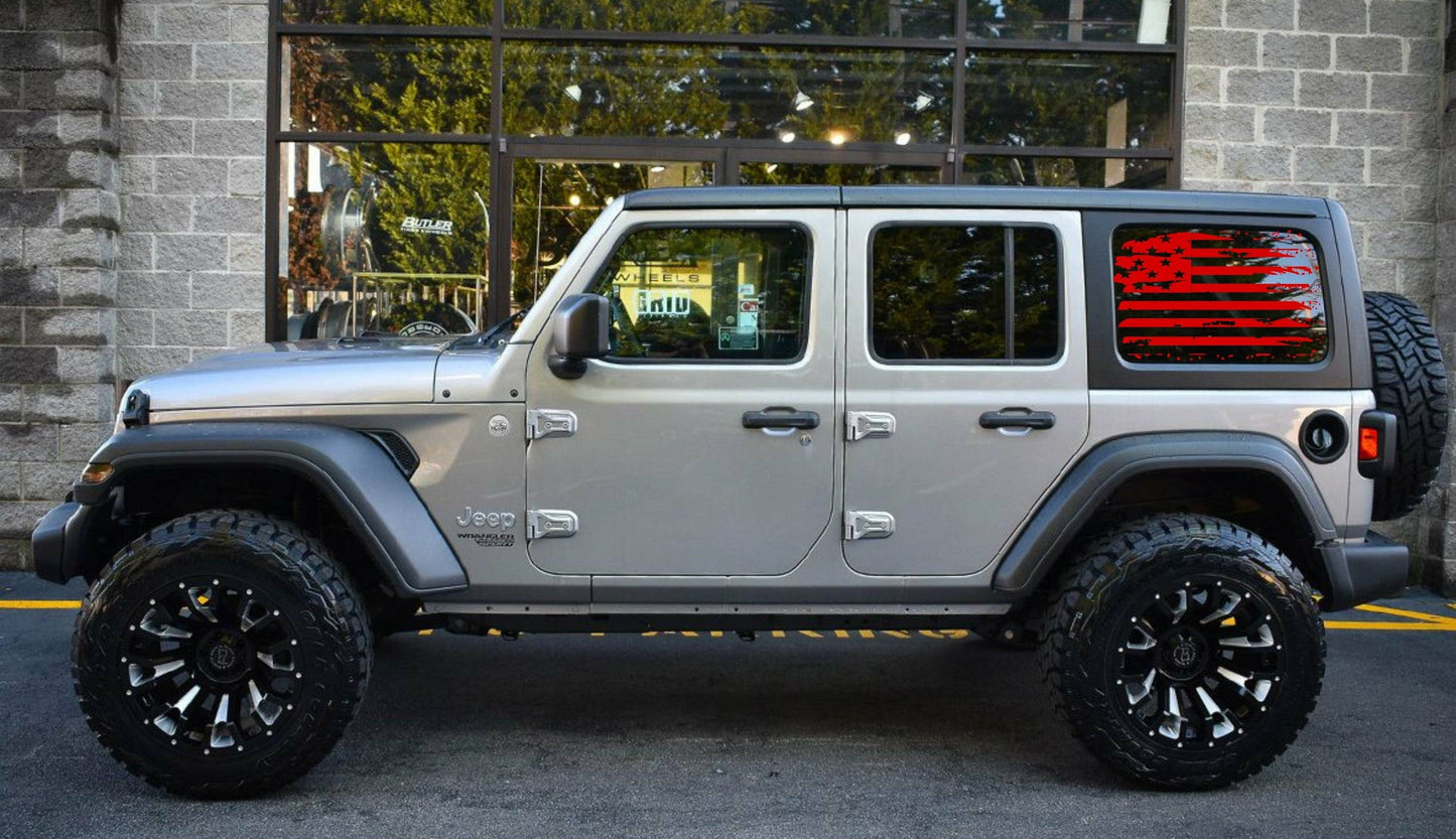 SET OF AMERICAN FLAG VINYL DECALS FOR JEEP WRANGLER JL 4-DOOR REAR SIDE WINDOWS