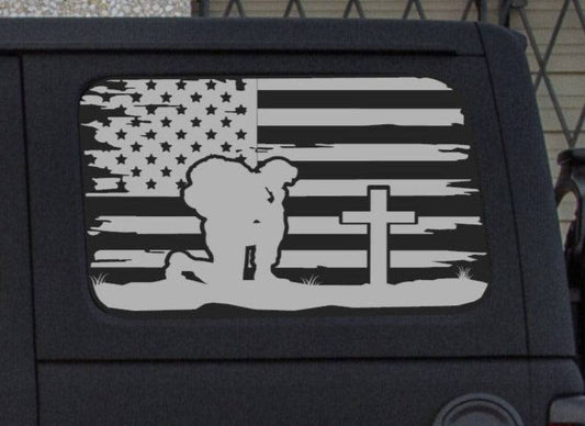 Kneeling Soldier Cross American Flag Decals for Jeep Wrangler JL, JK 4-Door Rear Side Windows