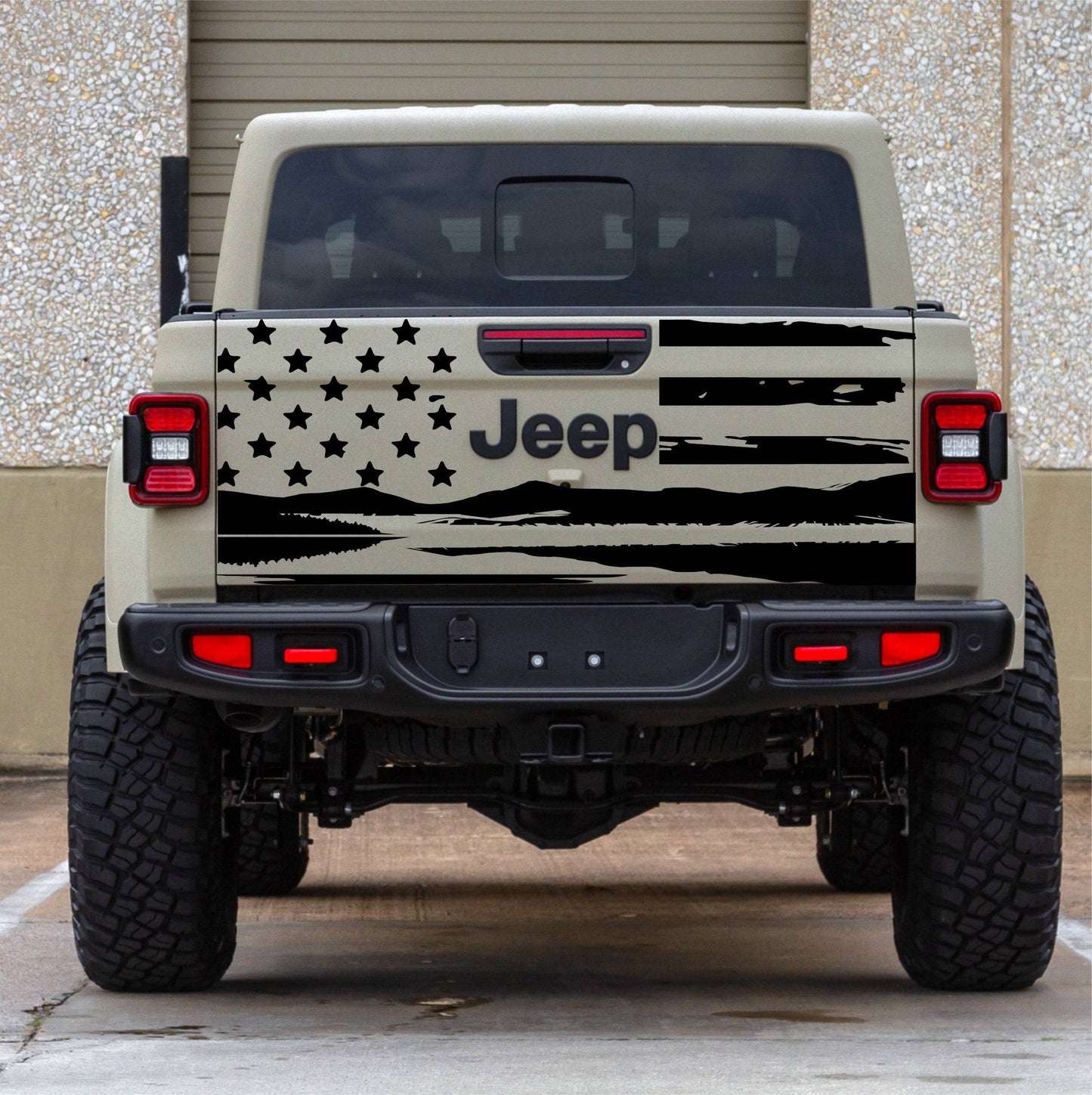 Distressed American Flag Mountain Silhouette Vinyl Decal for Jeep Gladiator Tailgate