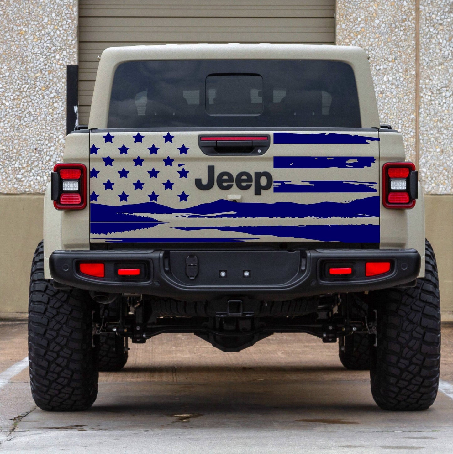 Distressed American Flag Mountain Silhouette Vinyl Decal for Jeep Gladiator Tailgate