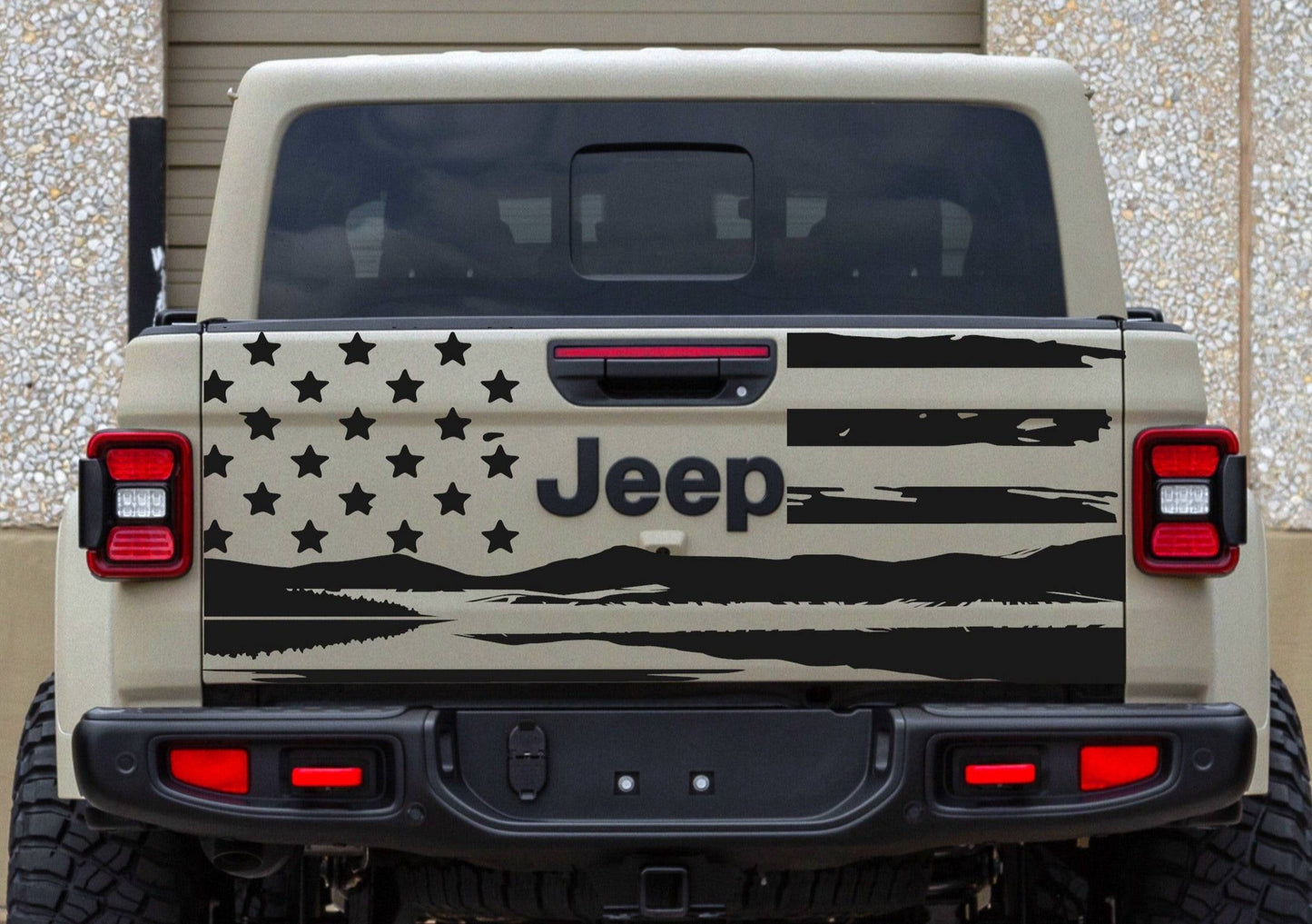 Distressed American Flag Mountain Silhouette Vinyl Decal for Jeep Gladiator Tailgate
