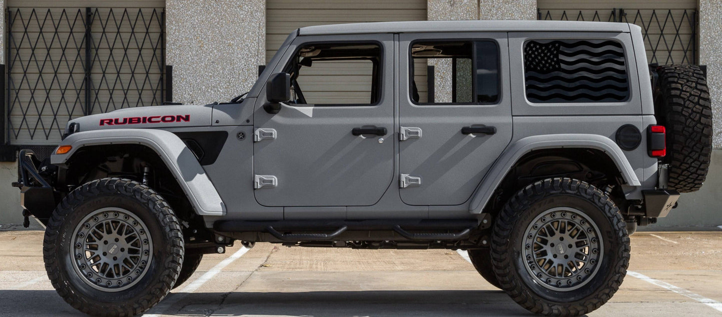 AMERICAN FLAG WAVING DECALS FOR JEEP WRANGLER JK JL 4-DOOR REAR SIDE WINDOWS