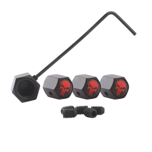 4pc Anti-Theft Punisher Tire Valve Caps | Universal Aluminum Stem Covers for Cars, SUVs, Trucks, Bikes, Motorcycles | Airtight Seal | Hexagon Design