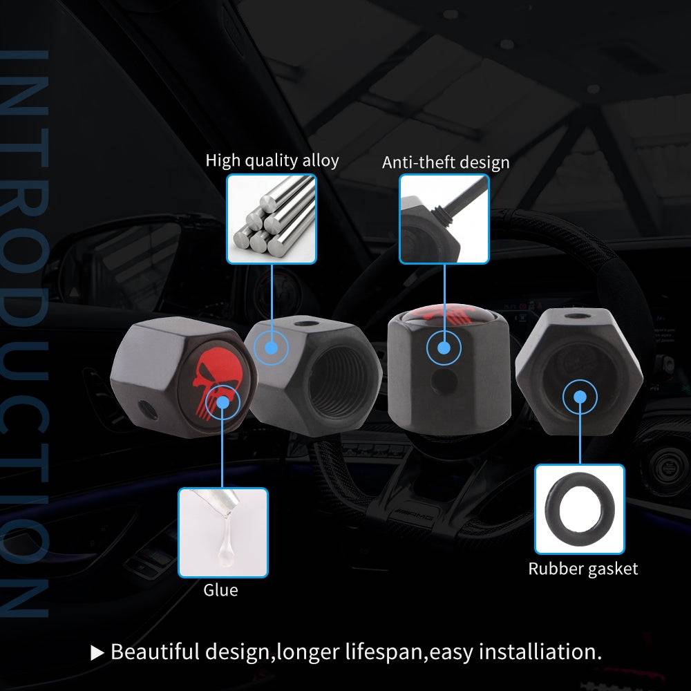 4pc Anti-Theft Punisher Tire Valve Caps | Universal Aluminum Stem Covers for Cars, SUVs, Trucks, Bikes, Motorcycles | Airtight Seal | Hexagon Design