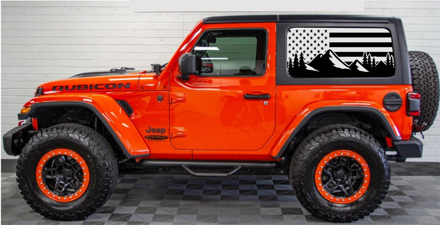 Set of American Flag Mountain Silhouette Decal Stickers for Jeep Wrangler JL 2-Door Rear Side Windows
