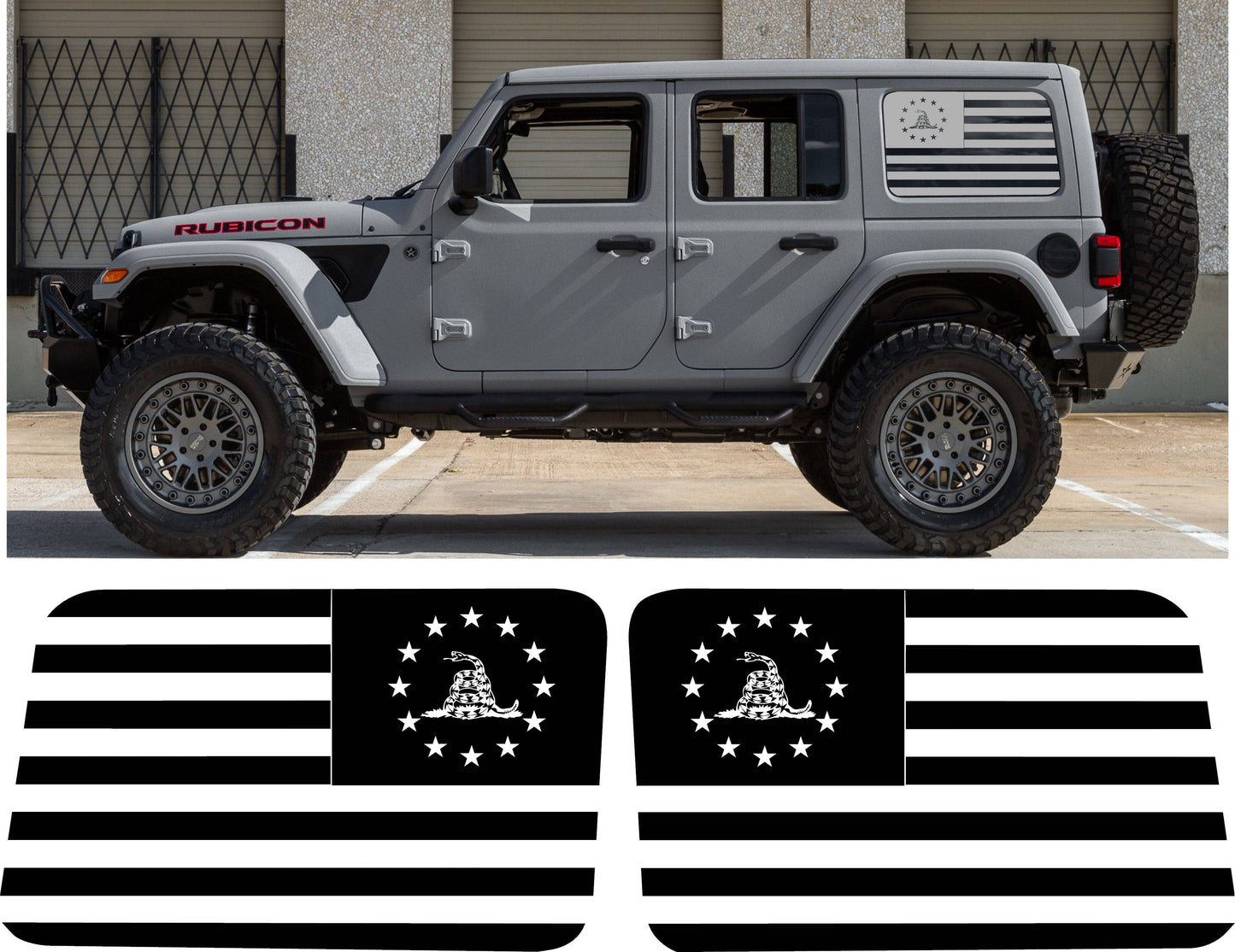 Jeep Wrangler JL JK Don't Tread On Me American Flag Decal Stickers (4-Door Rear Side Windows)