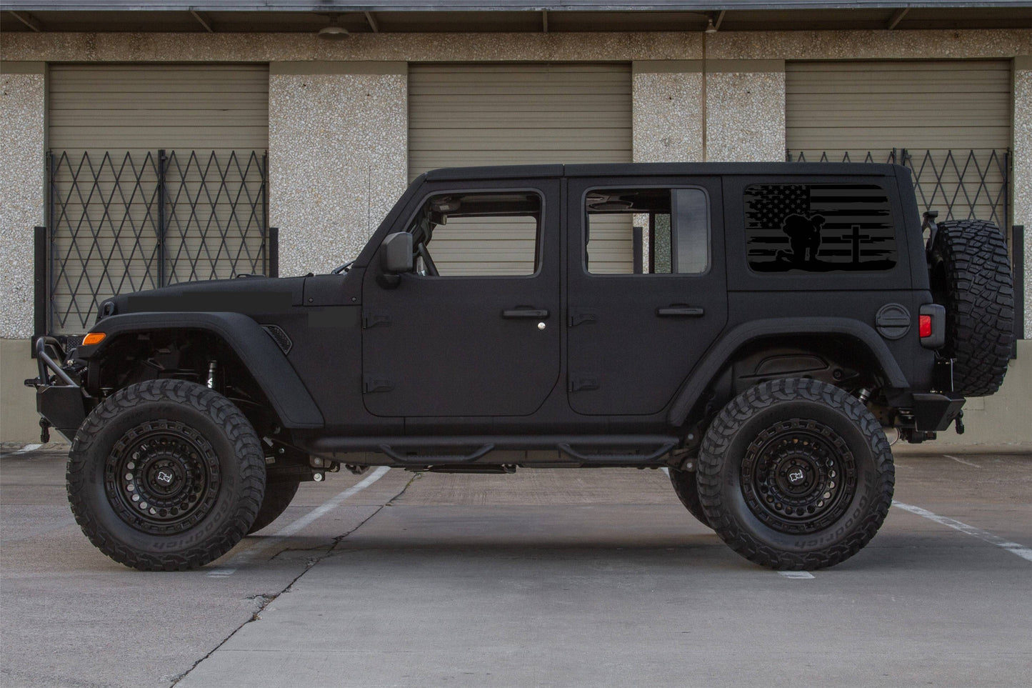 Kneeling Soldier Cross American Flag Decals for Jeep Wrangler JL, JK  4-Door Rear Side Windows