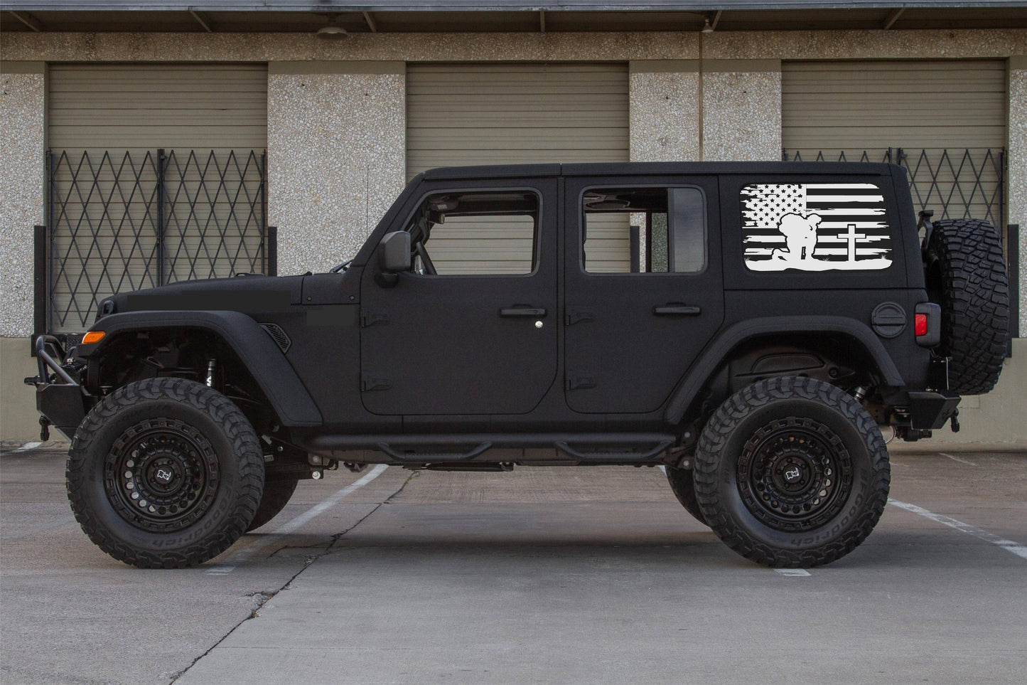 Kneeling Soldier Cross American Flag Decals for Jeep Wrangler JL, JK  4-Door Rear Side Windows