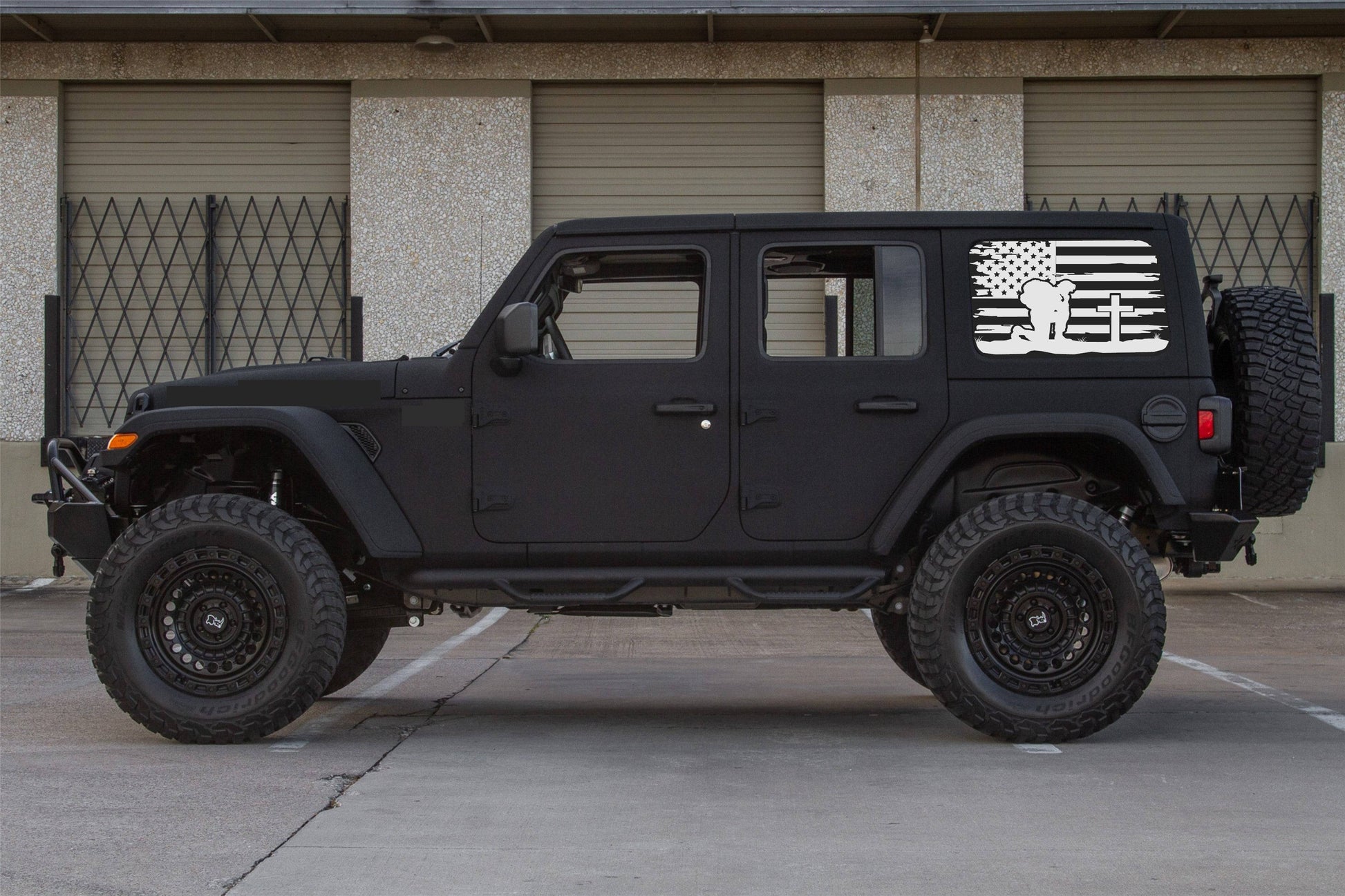 Kneeling Soldier Cross American Flag Decals for Jeep Wrangler JL, JK  4-Door Rear Side Windows