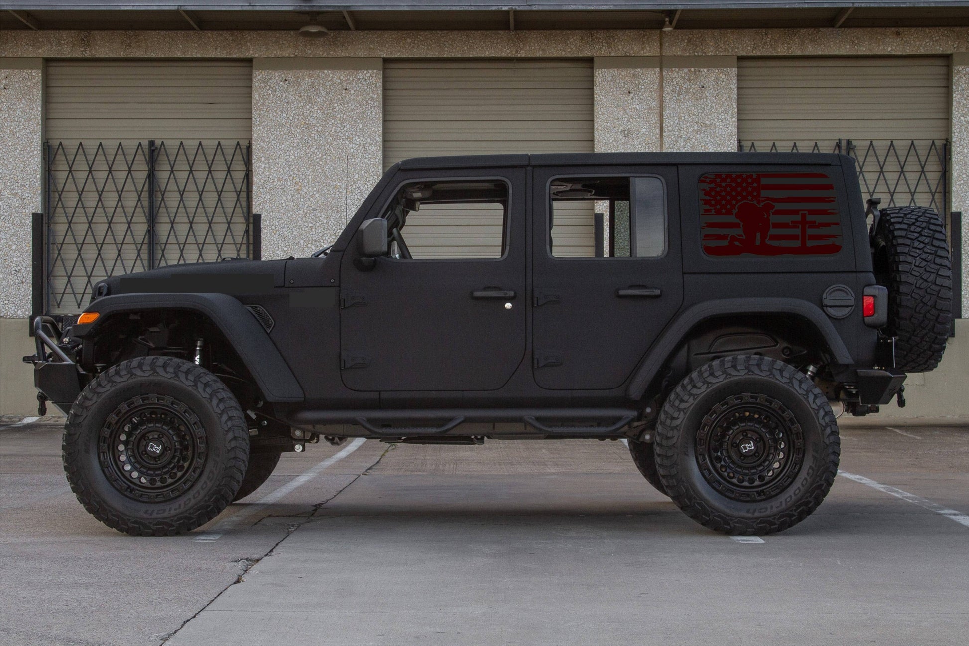 Kneeling Soldier Cross American Flag Decals for Jeep Wrangler JL, JK  4-Door Rear Side Windows