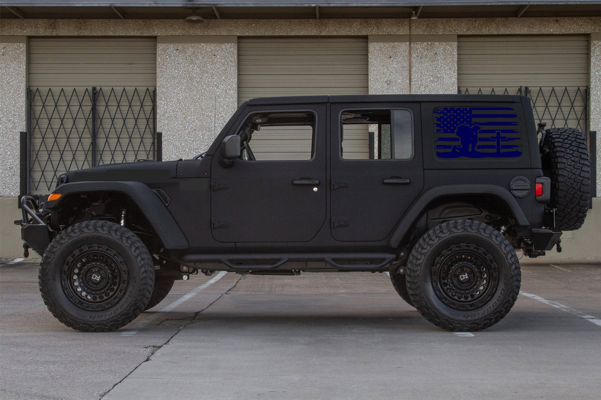 Kneeling Soldier Cross American Flag Decals for Jeep Wrangler JL, JK  4-Door Rear Side Windows