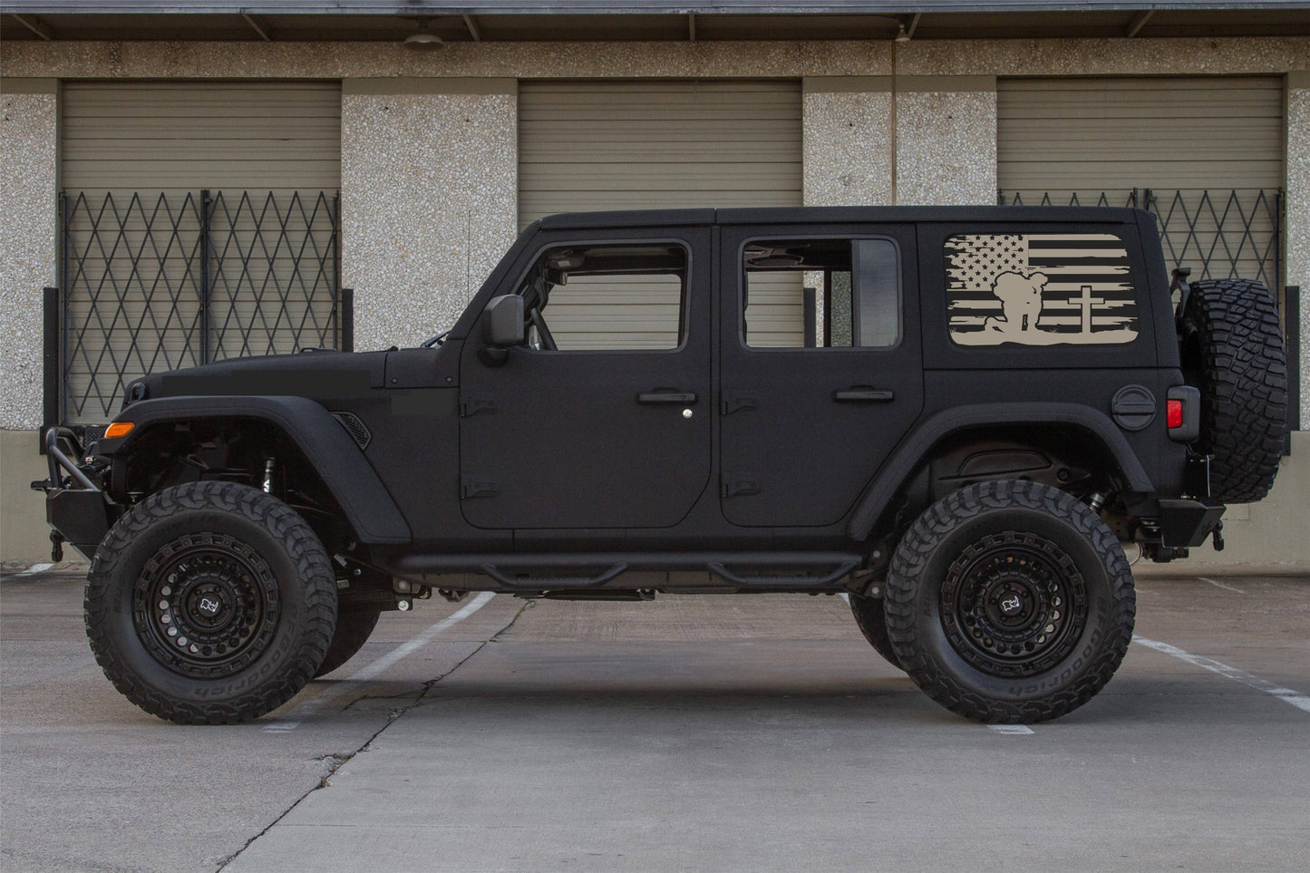 Kneeling Soldier Cross American Flag Decals for Jeep Wrangler JL, JK  4-Door Rear Side Windows