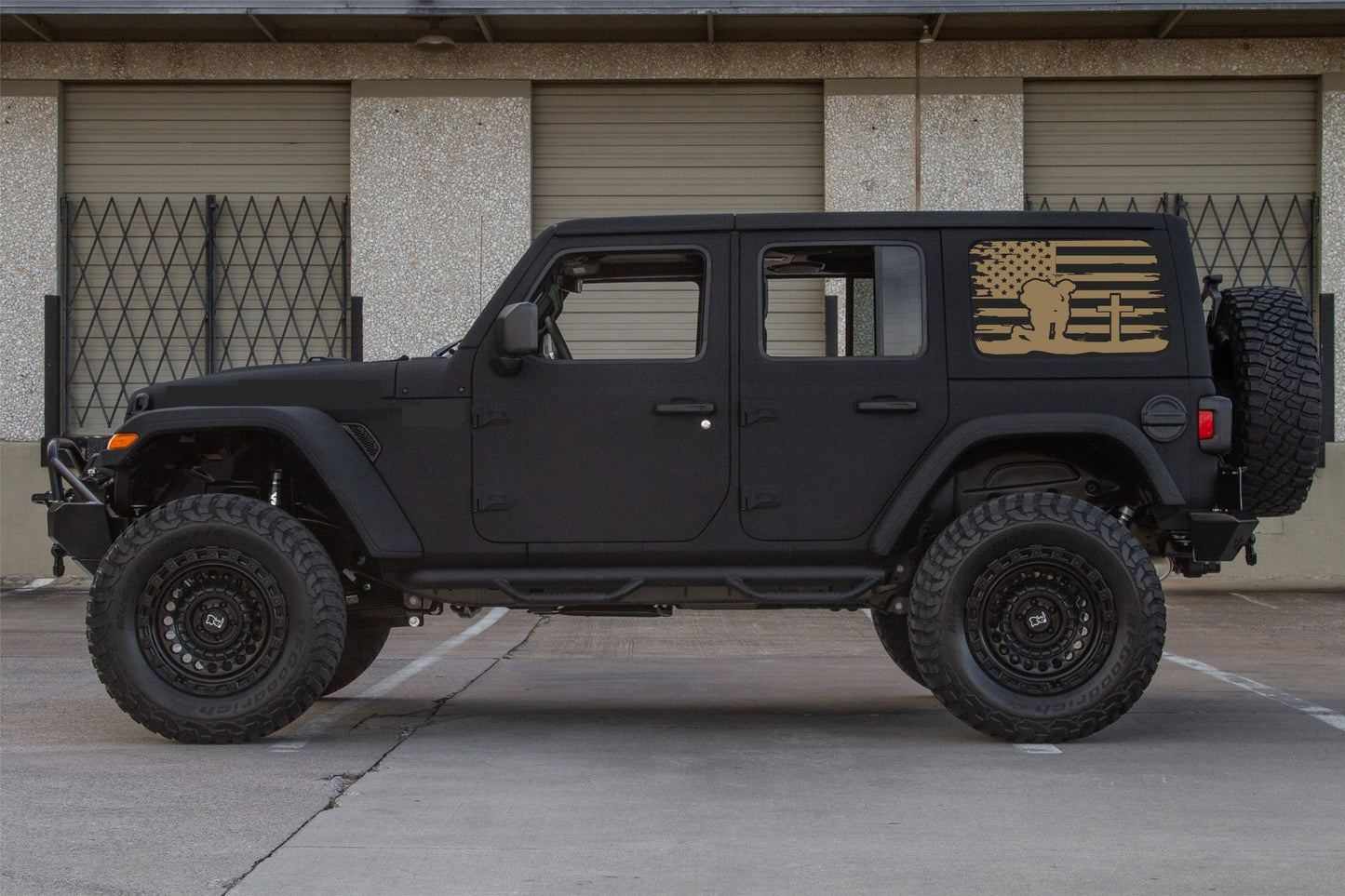 Kneeling Soldier Cross American Flag Decals for Jeep Wrangler JL, JK  4-Door Rear Side Windows