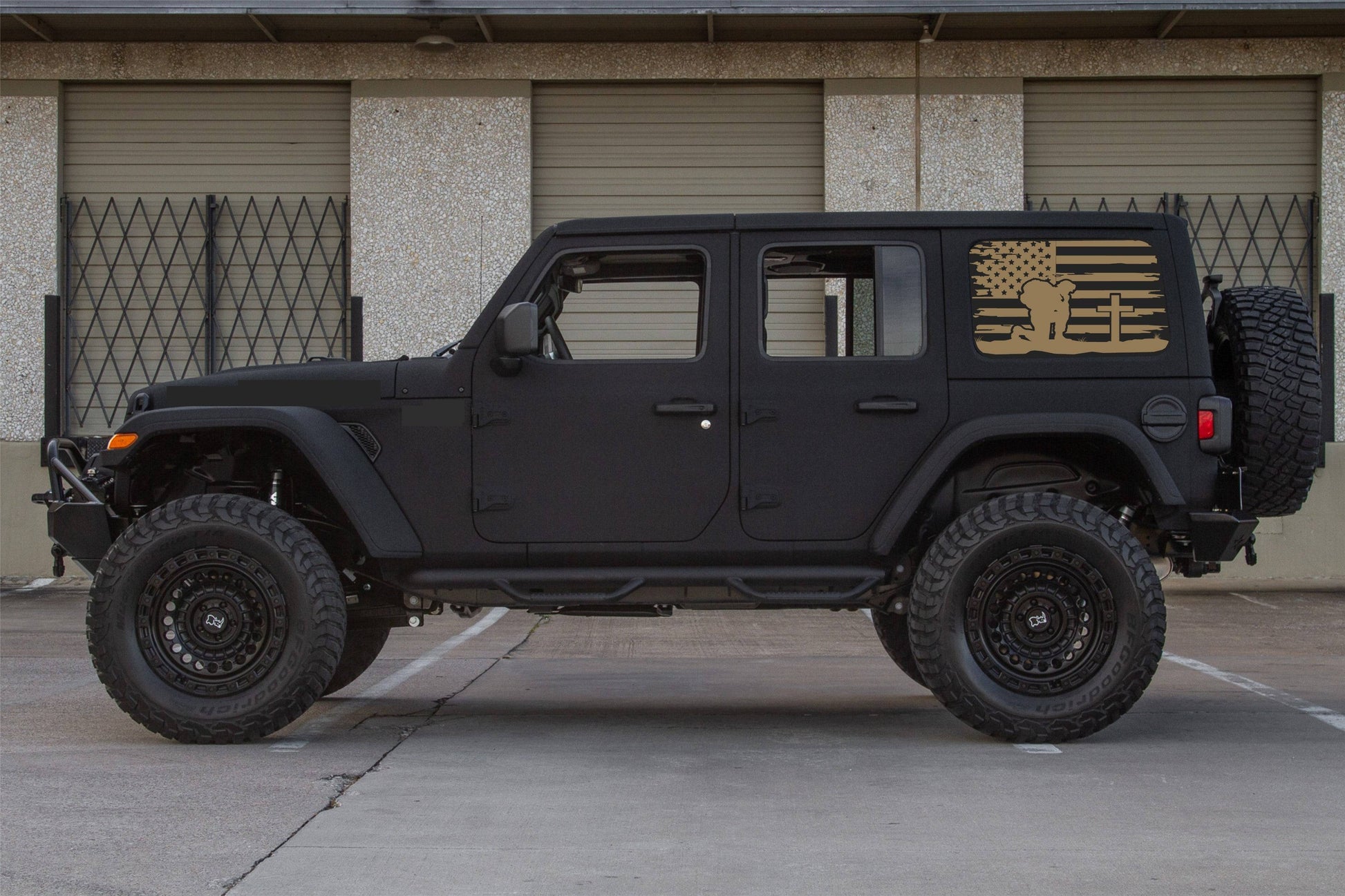 Kneeling Soldier Cross American Flag Decals for Jeep Wrangler JL, JK  4-Door Rear Side Windows