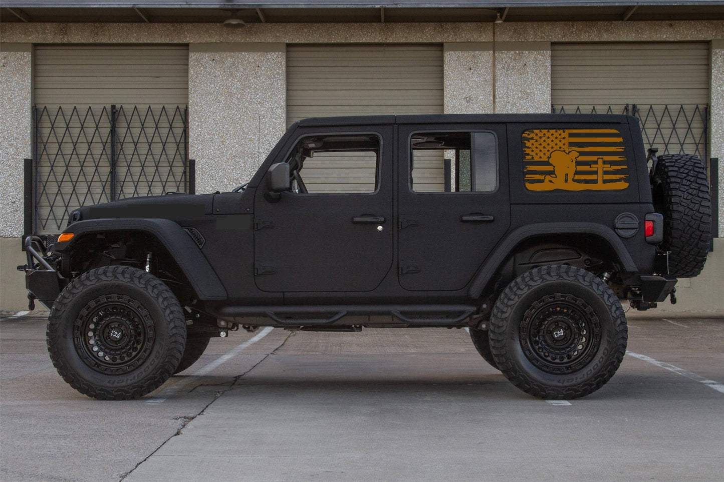 Kneeling Soldier Cross American Flag Decals for Jeep Wrangler JL, JK  4-Door Rear Side Windows
