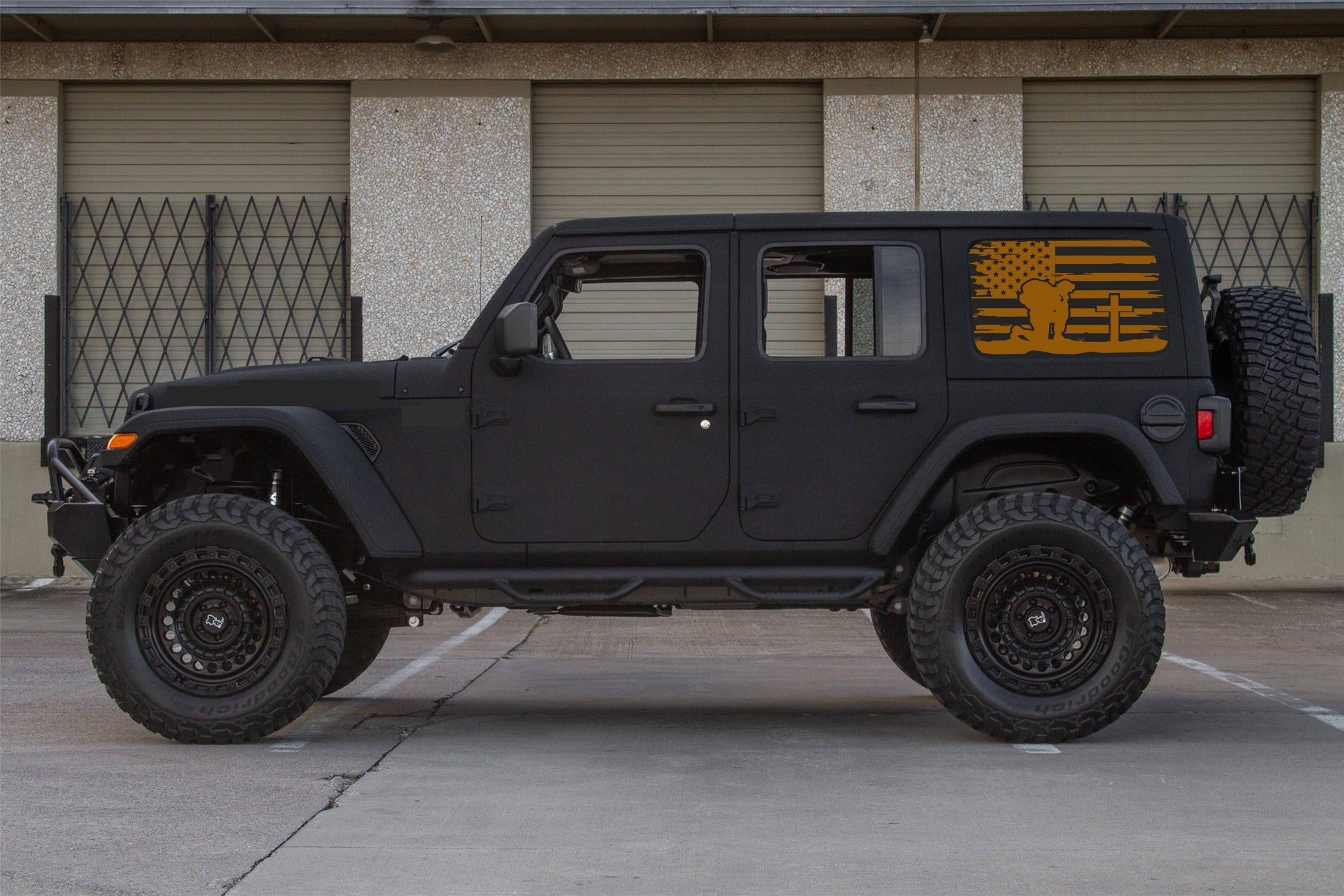 Kneeling Soldier Cross American Flag Decals for Jeep Wrangler JL, JK  4-Door Rear Side Windows