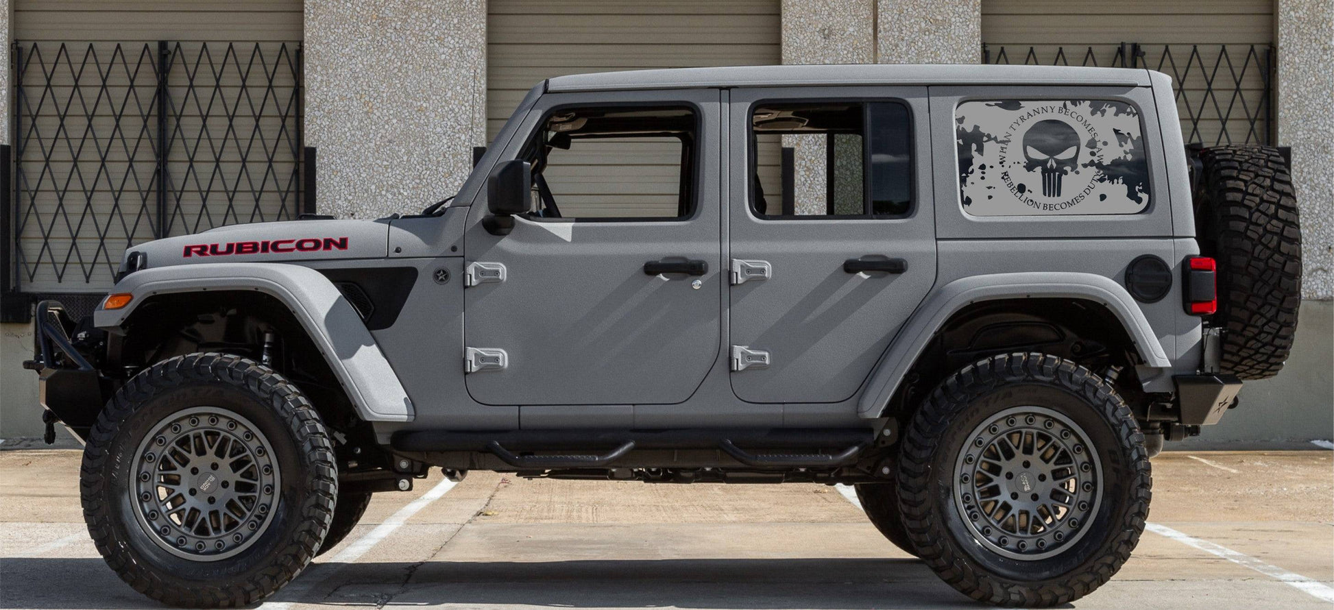 "When Tyranny Becomes Law, Rebellion Becomes Duty" Punisher Decal for Jeep Wrangler JK JL 4-door Rear Side Windows