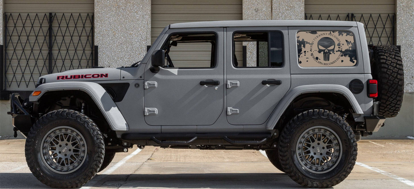 "When Tyranny Becomes Law, Rebellion Becomes Duty" Punisher Decal for Jeep Wrangler JK JL 4-door Rear Side Windows